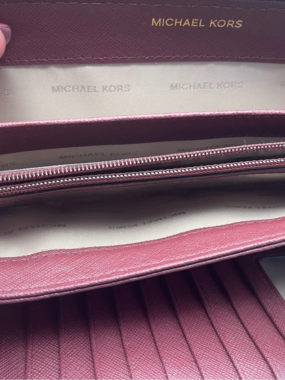 Michael Kors Oxblood Zip-Around Pebbled Leather Wallet with Gold Hardware